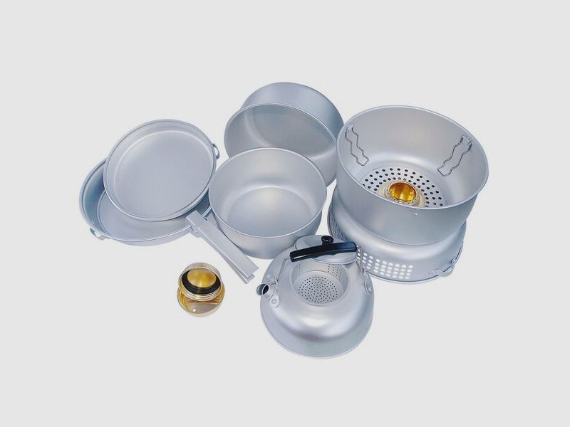 Kochset De Luxe aus Aluminium - mit Spirituskocher - leicht und handlich