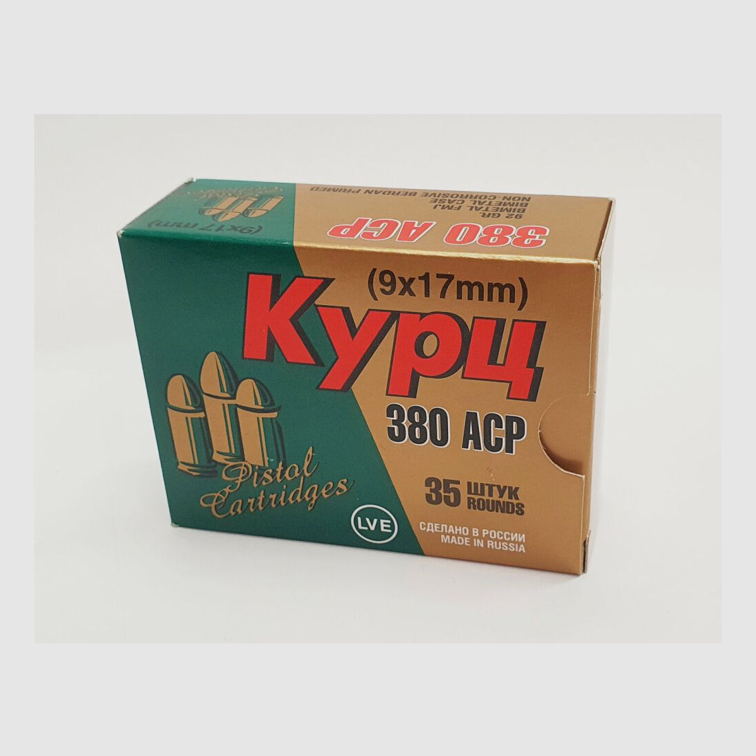 JSC "NOVOSIBIRSK CARTRIDGE PLANT" & LVE "LOW-VOLTAGE EQUIPMENT CO" Munition JSC 380 BROWING COURT / 9mm short FMJ 92grs non-corrosive 35x cartridges in a box