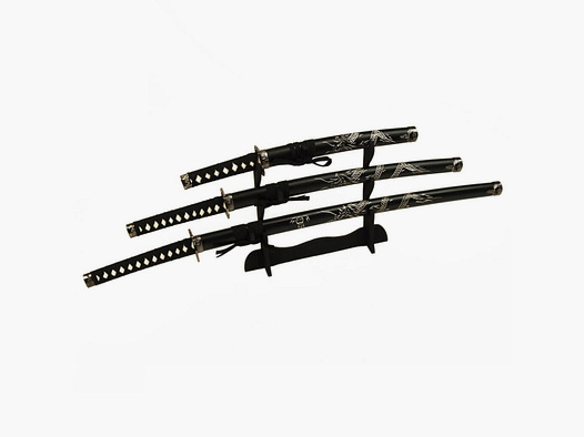 DerShogun Samuraischwert Set mit eingeschnitztem Drache - Katana Wakizashi Tanto Schwertstnder