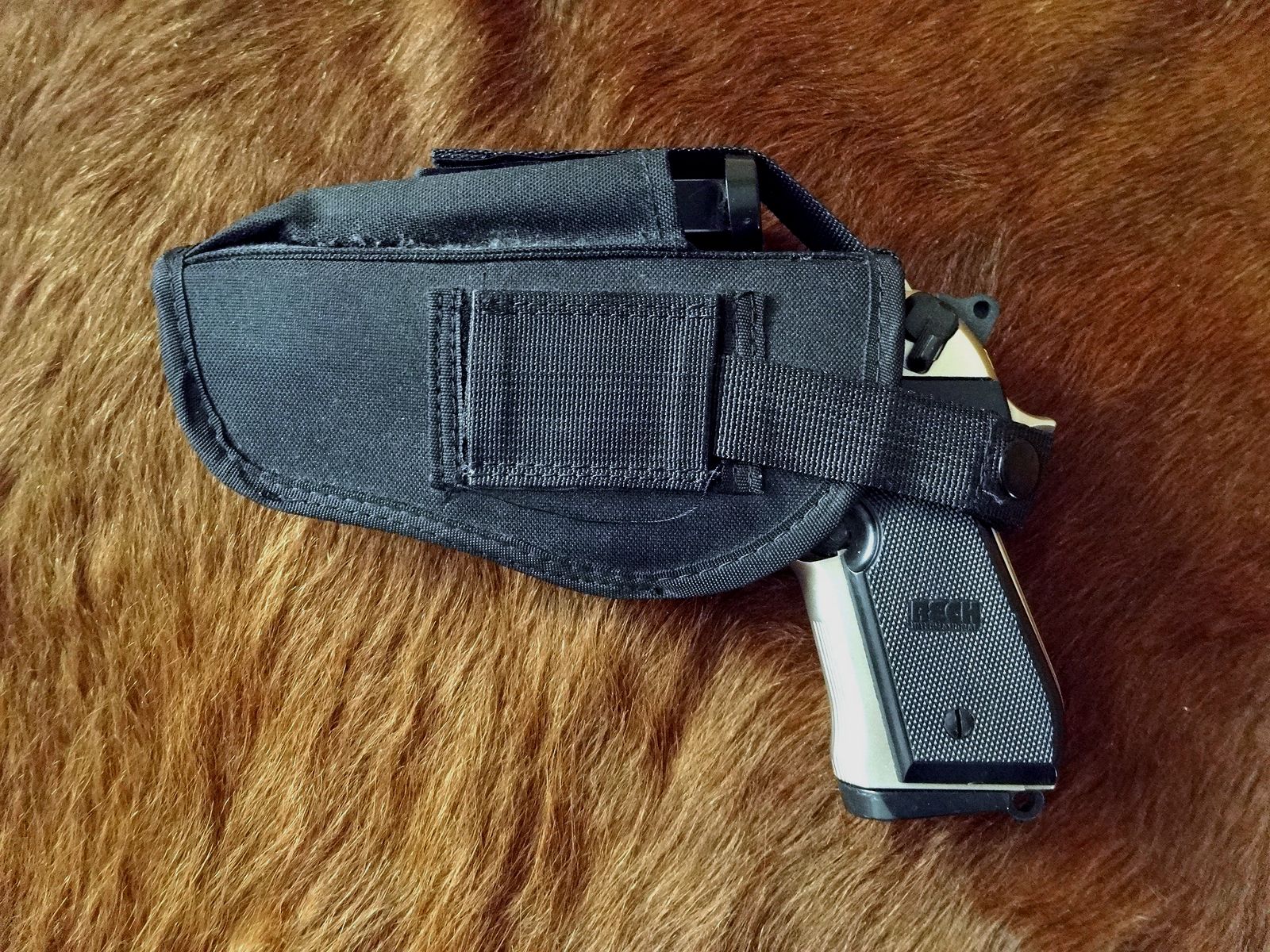 Top-Pakket! Reck Miami Mod. 92 F verchroomd, Cal. 9 mm P.A.K. + takt. Holster + 2. Magazin