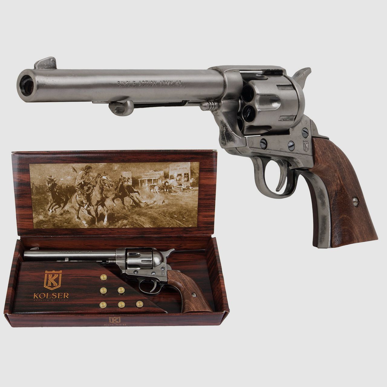 Deko Revolver US Kavallerierevolver Kolser Colt SAA .45 Peacemaker USA 1873 6,8 Zoll nickel poliert Holzgriffschalen