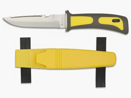 Tauchermesser mit Sägerücken und Cutter,Bein-Gummi, GELB