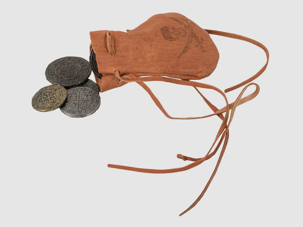 Piraten Goldbeutel mit Totenkopf Motiv und 8 authentisch wirkenden MĂĽnzen