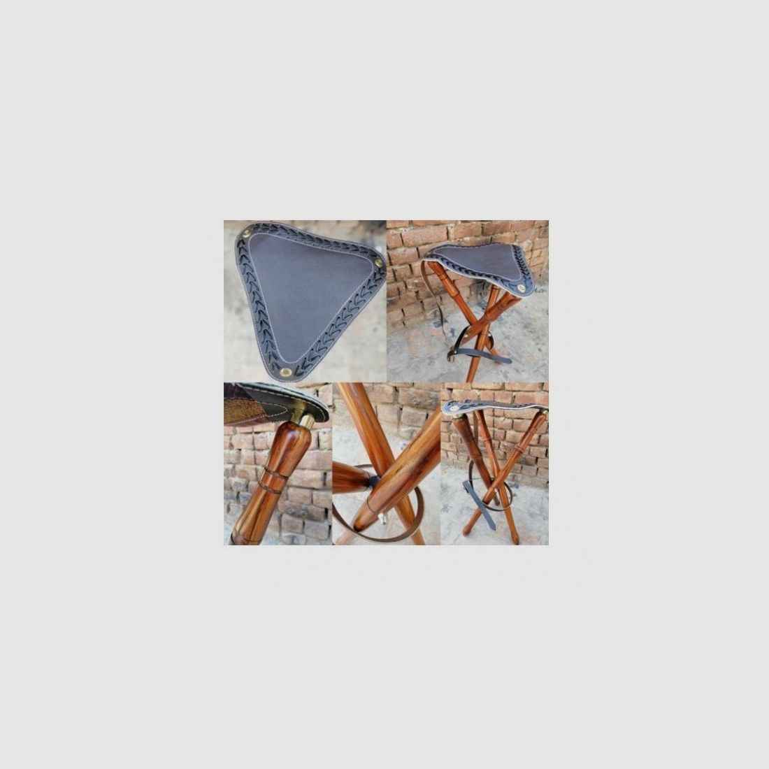 Tabouret tripode en bois avec cuir design, longueur des pieds 70 cm, image 2 sur 2