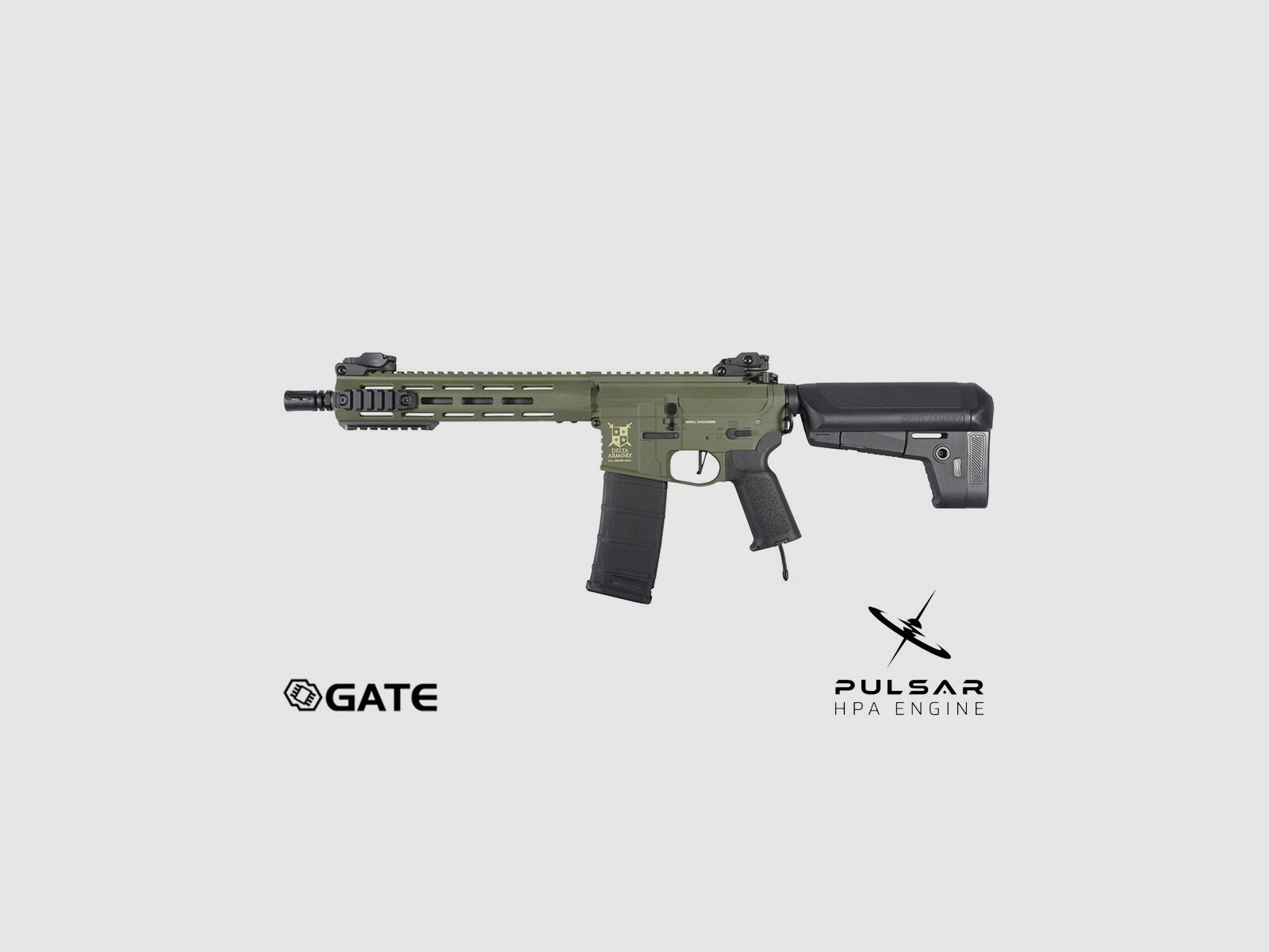 Delta Armory M4 AR15 M-LOK 10 Zoll CHARLIE GATE PULSAR HPA Airsoft Gewehr in Oliv