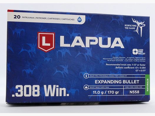Lapua .308 Win. Naturalis 11,0 g/170 gr. Cartouches de fusil sans plomb