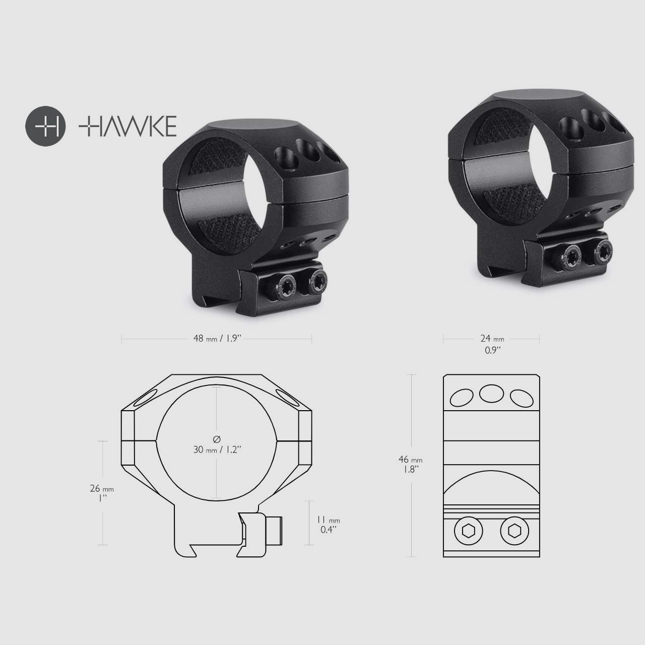 HAWKE Zielfernrohrmontage, Ringmontage (Paar), 9-11 mm Schiene, 30 mm Durchmesser, Alu, mittel