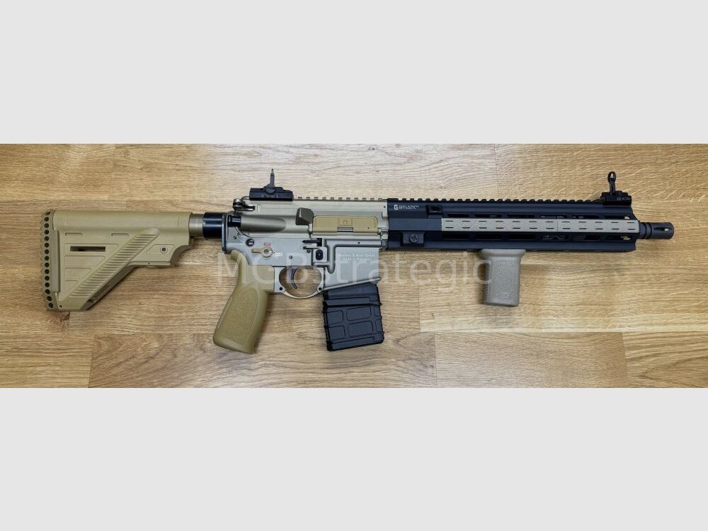 Heckler & Koch MR223 A3 Slim-Line 12.9" barrel - semi-automatic rifle .223Rem color sand / Ral8000 - system HK416 / Geissele MK15 HK416 handguard / muzzle thread now 1/2-28 UNEF / only 3.28 kg / barrel turned down & shortened / "Project Hunter"
