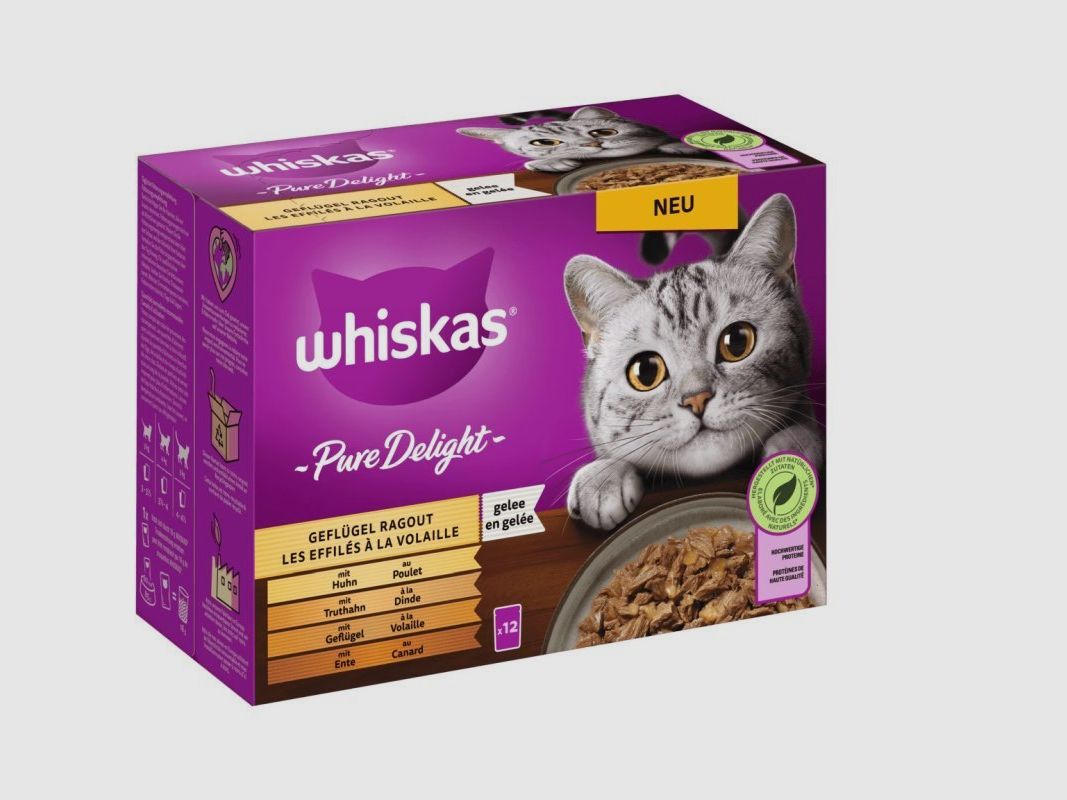 Whiskas Katzen Nassfutter Portionsbeutel in Gelee Multipack Pure Delight Geflügel Ragout 12 x 85 g