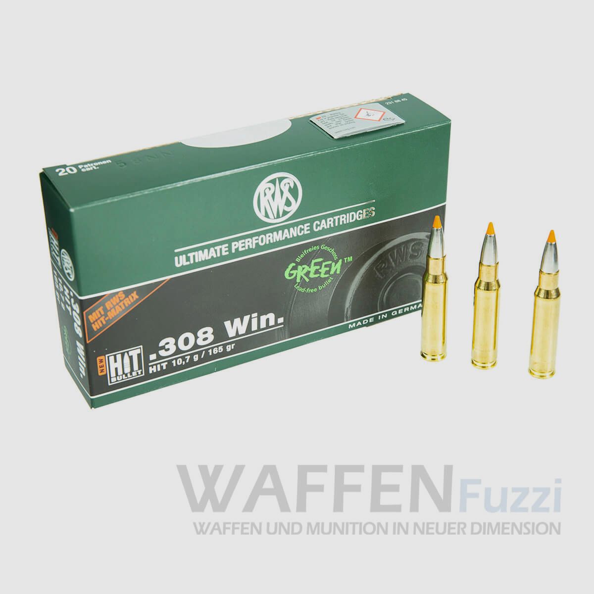 RWS Büchsenpatronen Kaliber .308 HIT BULLET GREEN 165grs