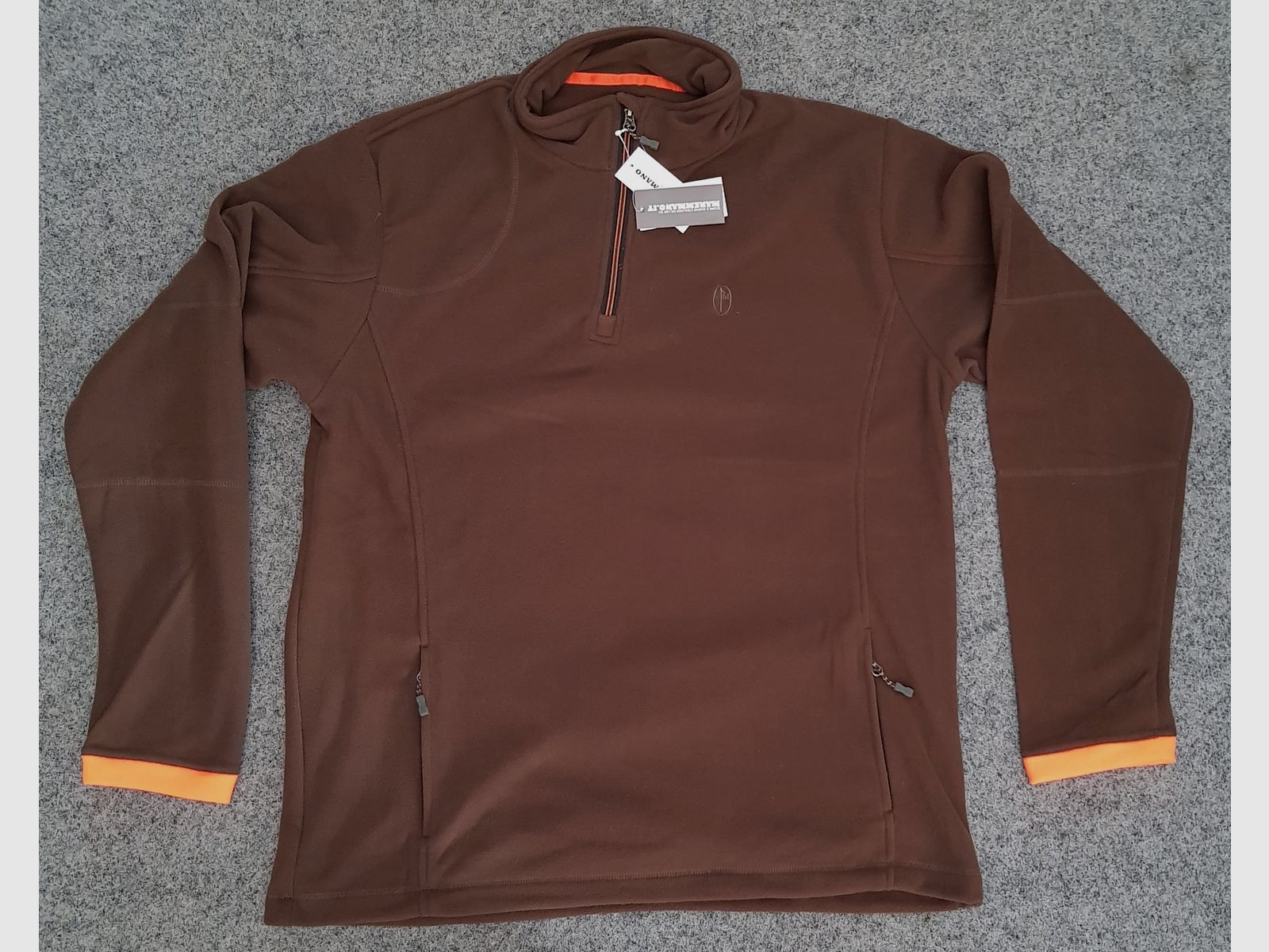 Maremmano-Pullover braun mit orangefarbenen Einsätzen und Reißverschluss