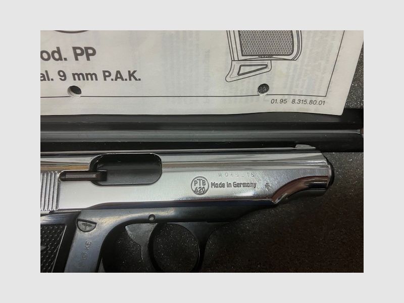 Walther PP polished Chrome, Kaliber: 9mm P.A.K., PTB Nr. 620, unbenutzt
