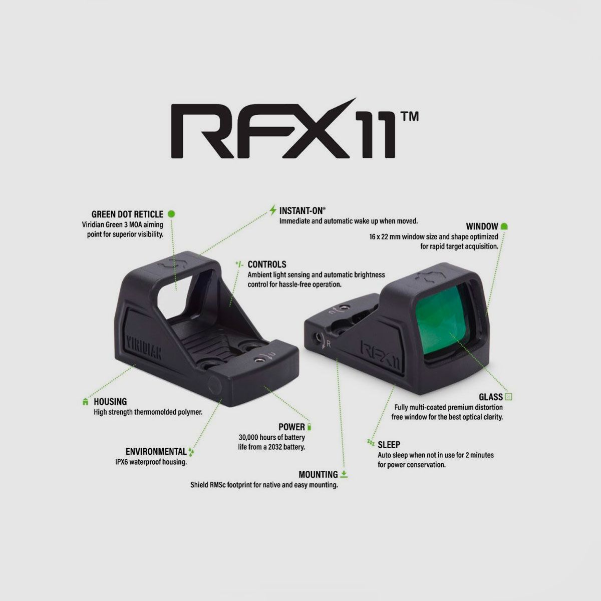 RED DOT – VIRIDIAN OPTICS – RFX11 CUSTOM GREEN DOT REFLEX SIGHT FOR WALTHER PDP & WMP | Shield RMSc Footprint | 3 MOA, image 7 of 11