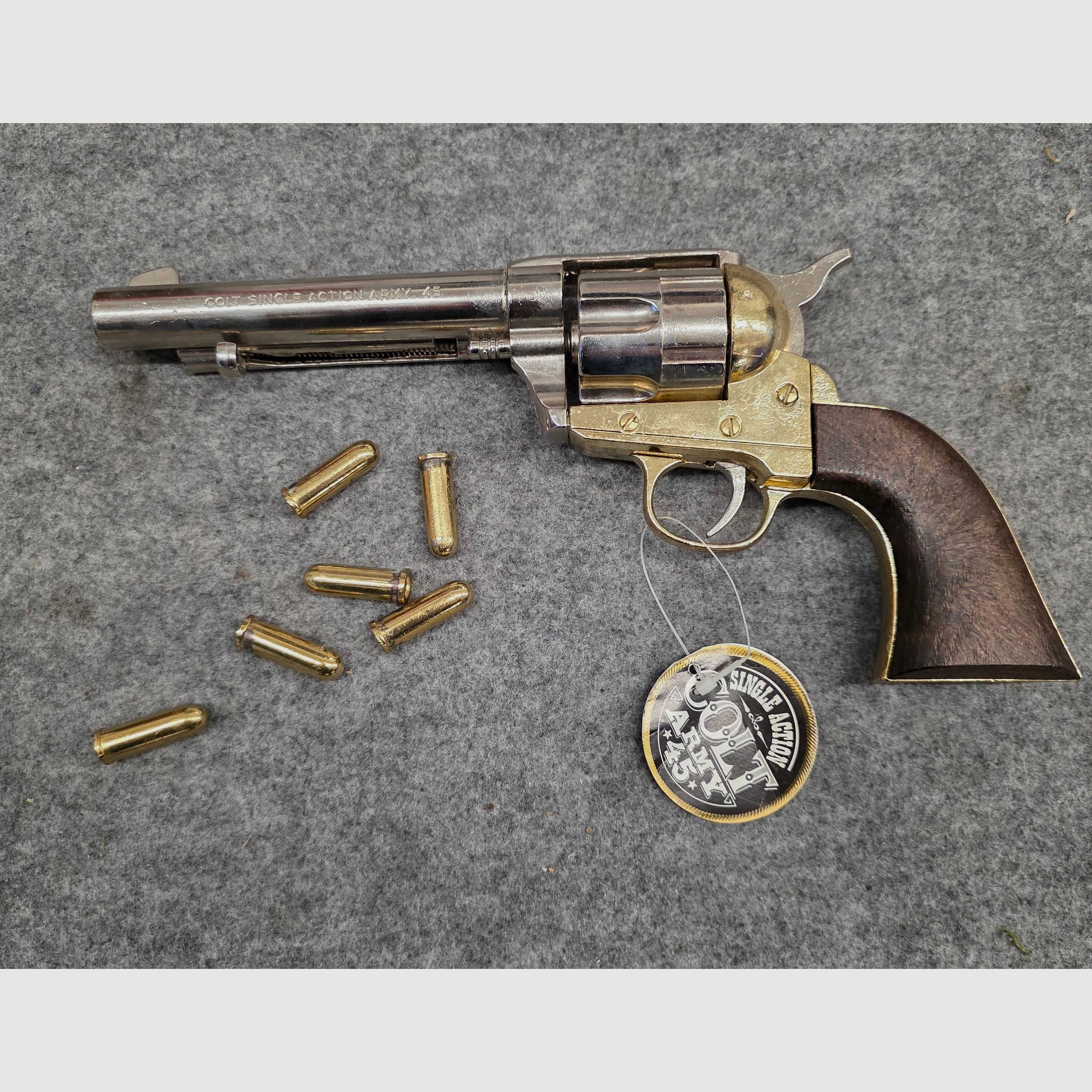 Replica Deko Revolver COLT SAA  Cal. .45 Peacemaker vernickelt  Silber Gold 