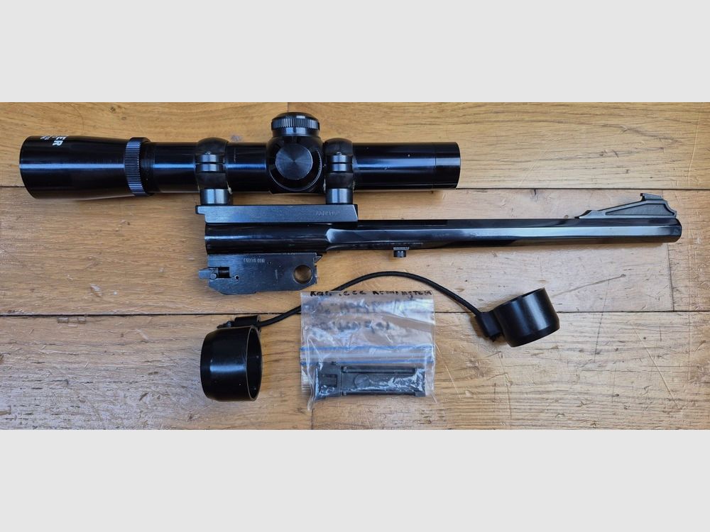Wunderschöner und seltener Lauf für Thompson Center Pistol – Modell Contender – 10 Zoll Lauf – Seltenes Kal. 222 Rem! – Rochester Waffen – Wunderschöner achteckiger Lauf mit herrlichen Zügen – Hunter Japan Zielfernrohr 2.5 x 20 aus Stahl – 100% Stahlmontage Leupold – Originalvisierung inklusive – 100% Brünierung – Schönes Stück für Training und Präzision! – TBE+++, Bild 2 von 24