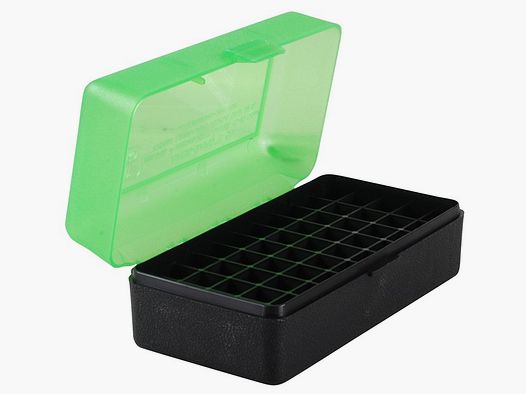 MTM cartridge box RSLD-50-16T green/black with flip lid for 50 cartridges .500 S&W and others.