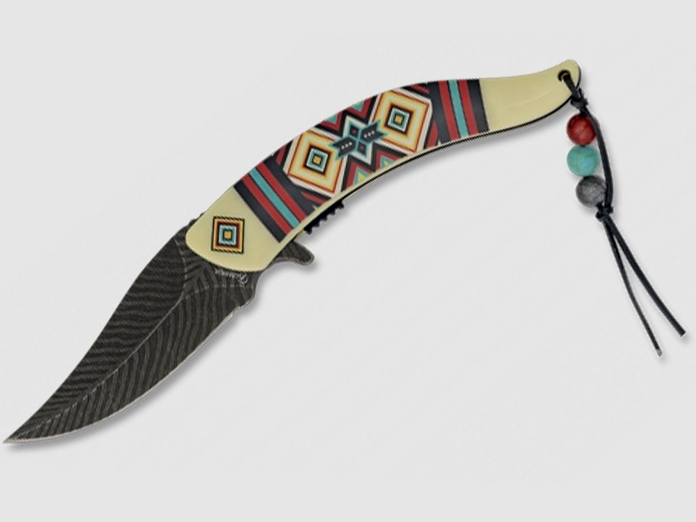 decorated pocket knife with Indian feather design and bead strap