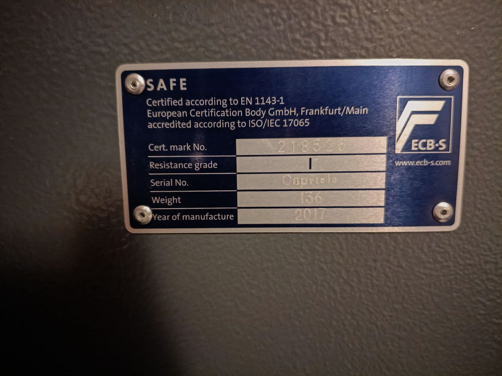 Gun cabinet (Class 1) for up to 5 long guns