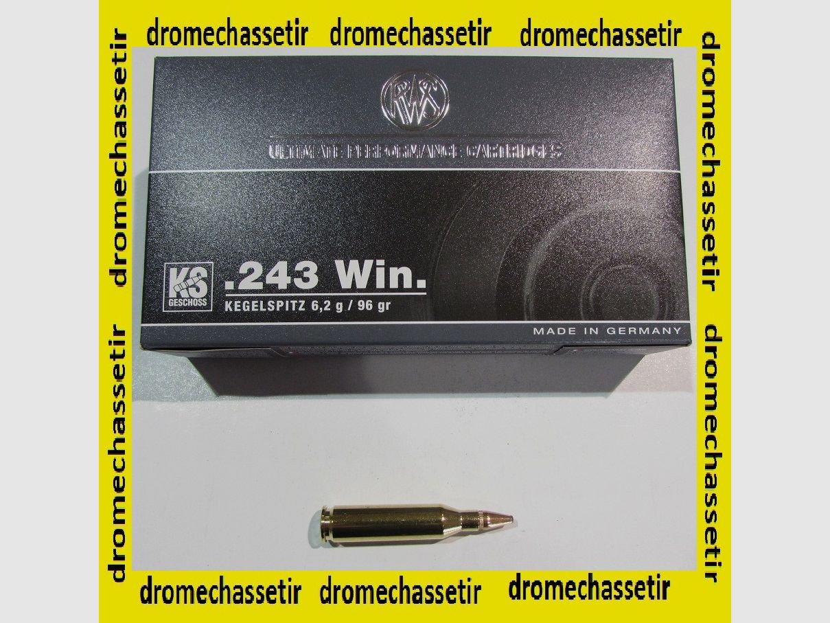 1 Schachtel mit 20 Patronen RWS Kaliber .243 Winchester, KS 96 Grain, 6,2 Gramm
