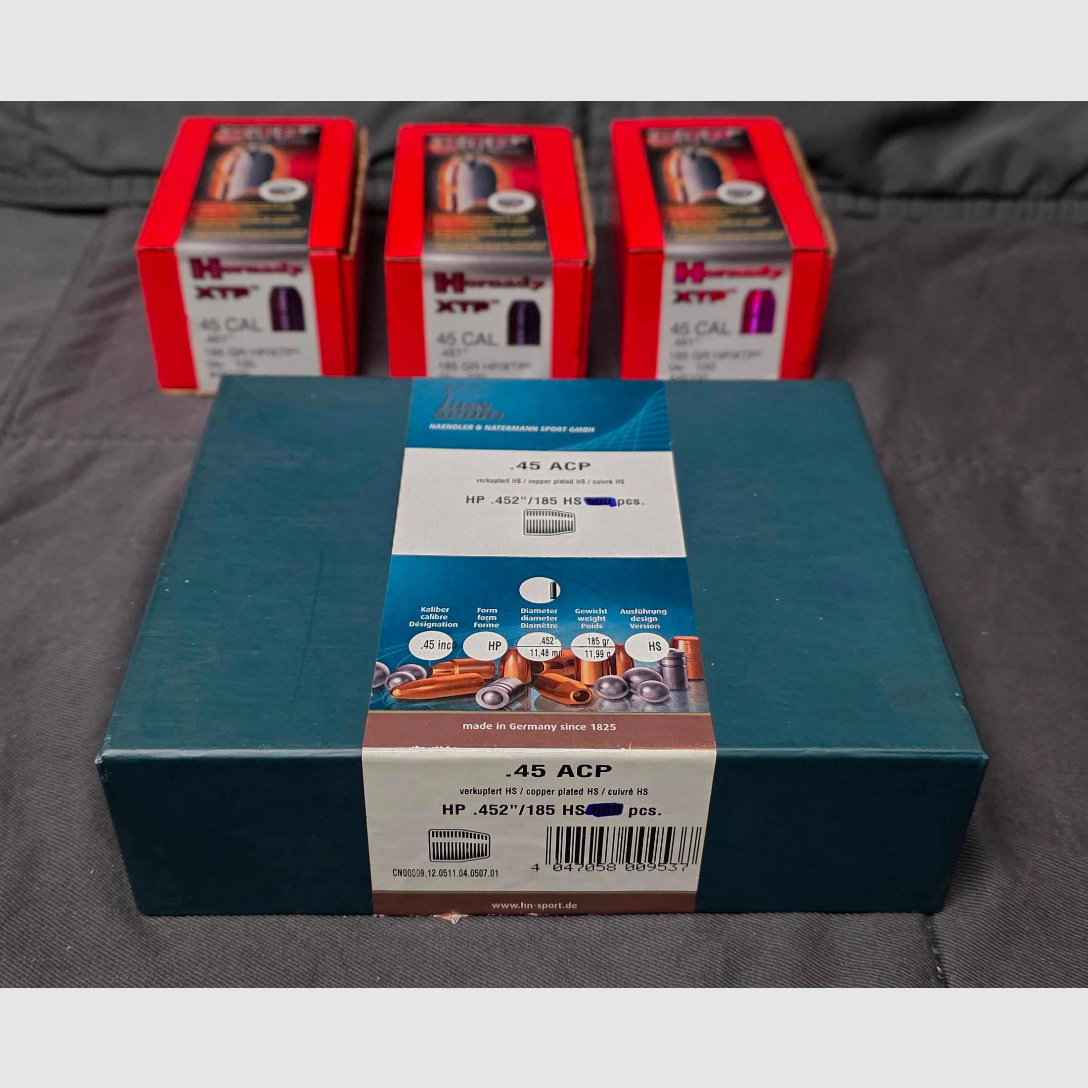 380 pièces de projectiles .45 ACP Hornady XTP + H&N Sport détaillant & Natermann