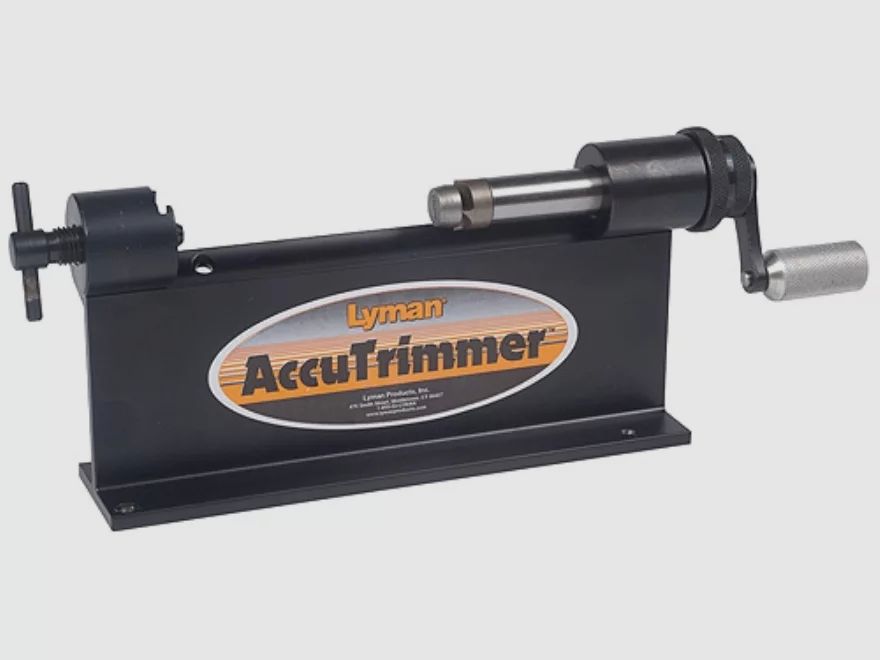 Lyman Accutrimmer / Hülsentrimmer für .50 BMG mit Pilot und Hülsenhalter, Handbetrieb mit Kurbel