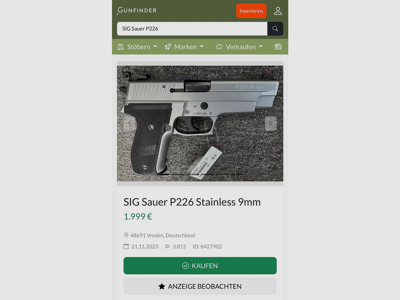 SIG Sauer P226 SL – Kaliber 9mm Luger – Sehr guter Zustand