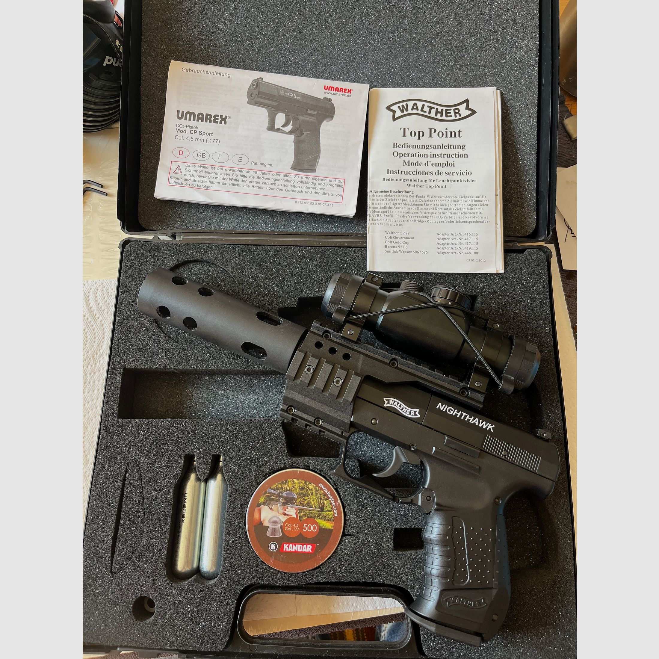Walther Nighthawk Set, CO2, pistola de aire, incl. óptica (reddot), compensador y maletín,