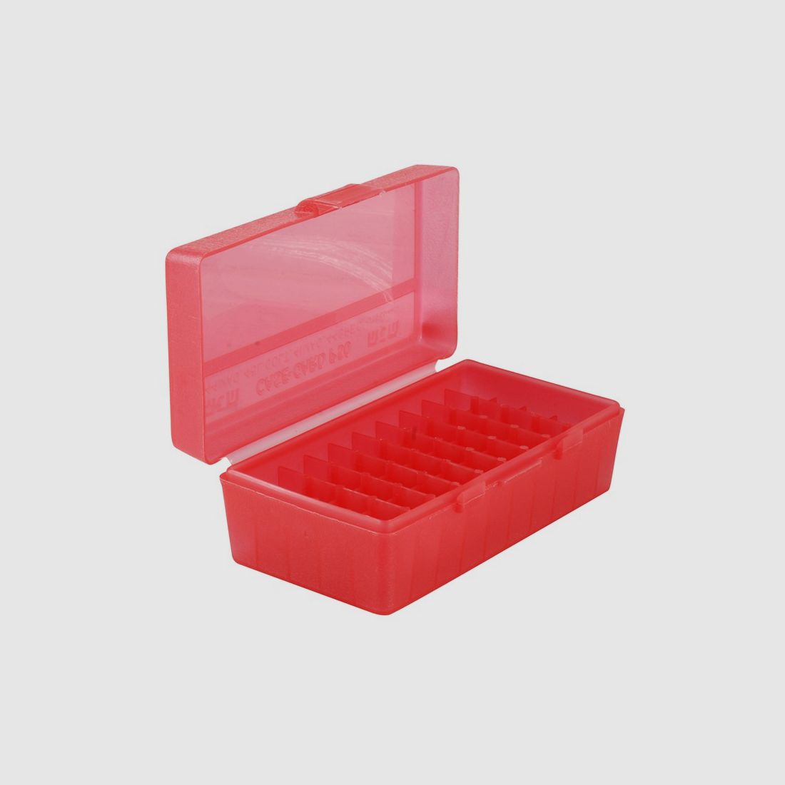 MTM scatola per cartucce P50-44-29 rossa trasparente con coperchio a ribalta per 50 cartucce .44 Mag./.357 e altre.