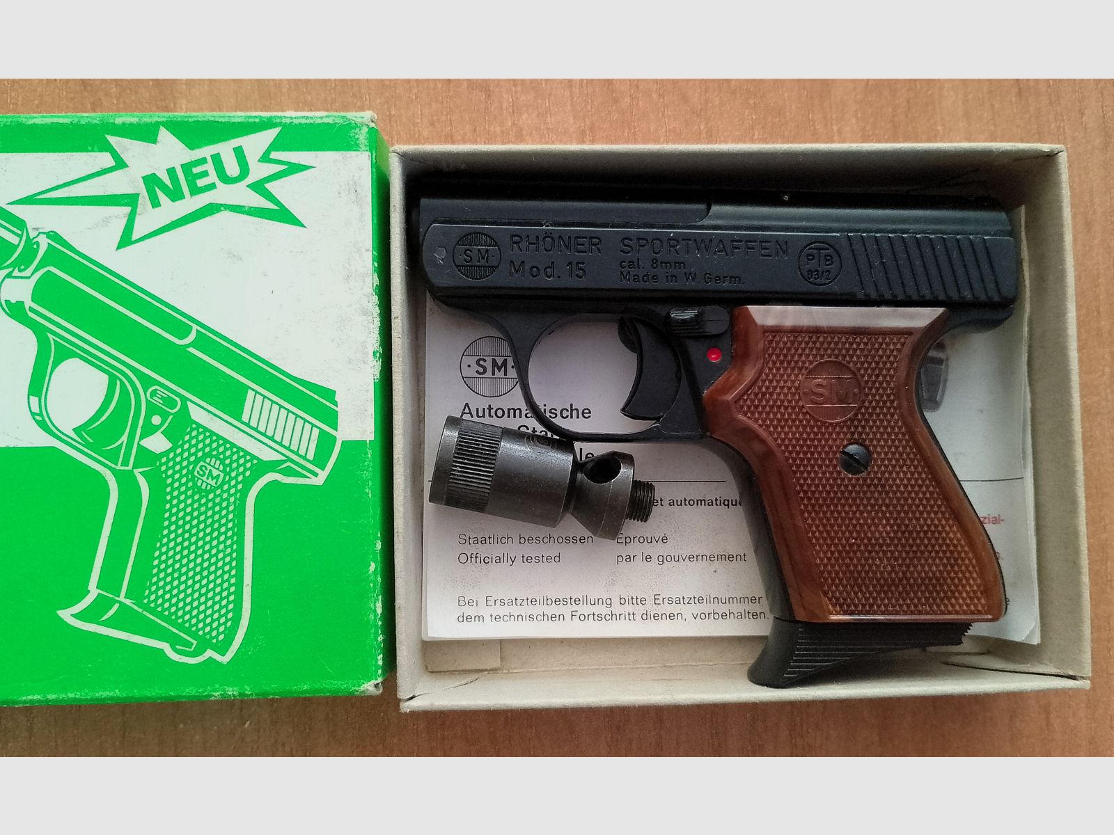 Alte Rhöner SM 15 Kal. 8 mm Knall im PTB 83/2 mit Verpackung!