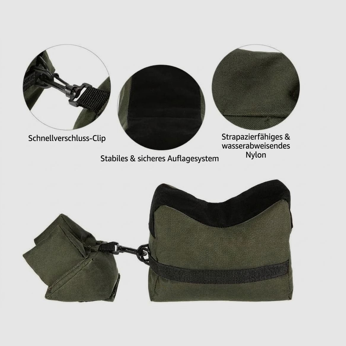 Schießsack SET Gewehr Auflagekissen Einschieß-Sack Vorne & Hinten mit Schnellverschluss-Clip