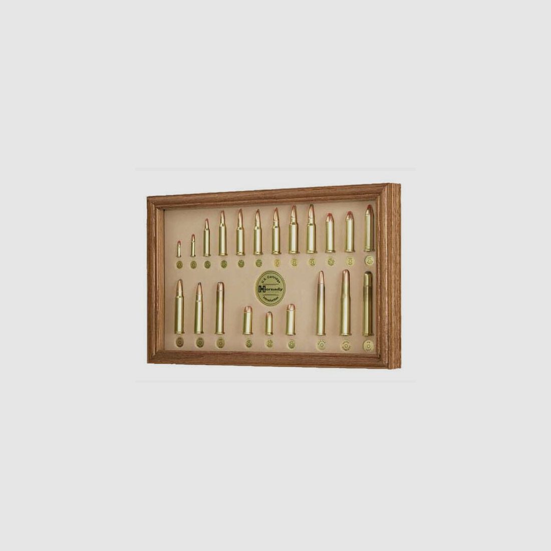 Caja de exhibición de cartuchos Hornady con 21 calibres
