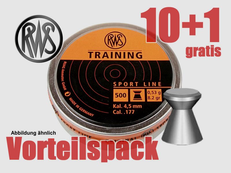 10+1 GRATIS x 500 StĂĽck RWS Flachkopf-Diabolo TRAINING, glatt, LG und LP, Kal. 4,5 mm, 0,53 g