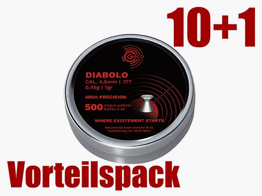 10+1 GRATIS x 500 StĂĽck Flachkopf Diabolos Geco Kaliber 4,5 mm 0,45 g glatt