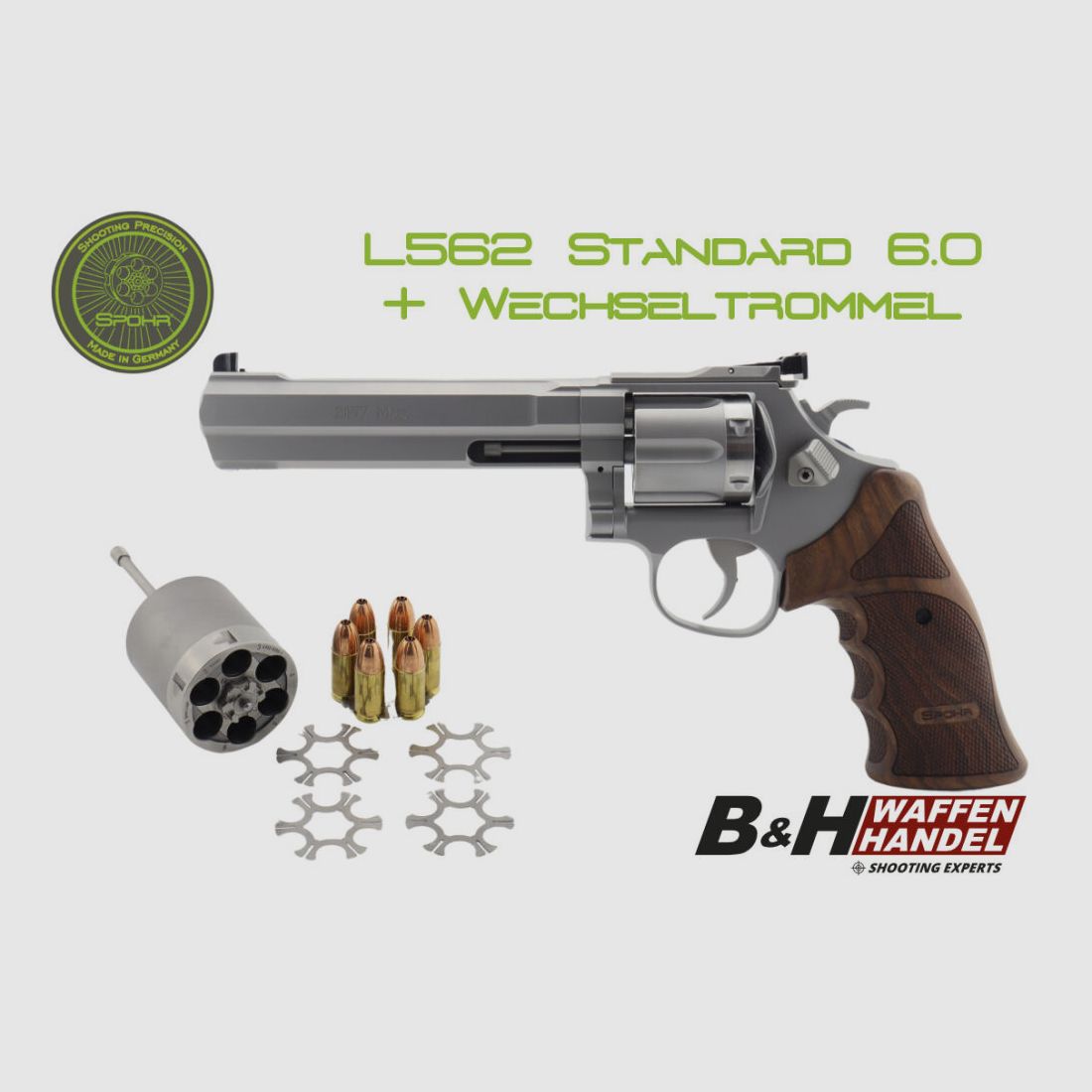 SPOHR L562 Standard 6.0 Stainless 6" Revolver with interchangeable cylinder 9mm Made in Germany