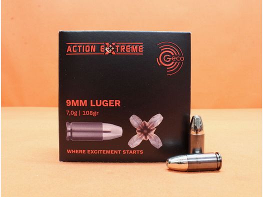 GECO Nabój 9mmLuger GECO 108grs Akcja EXTREME (2408123) VE 20 nabojów/ 7,0g pełnokoperowy pocisk hollow point