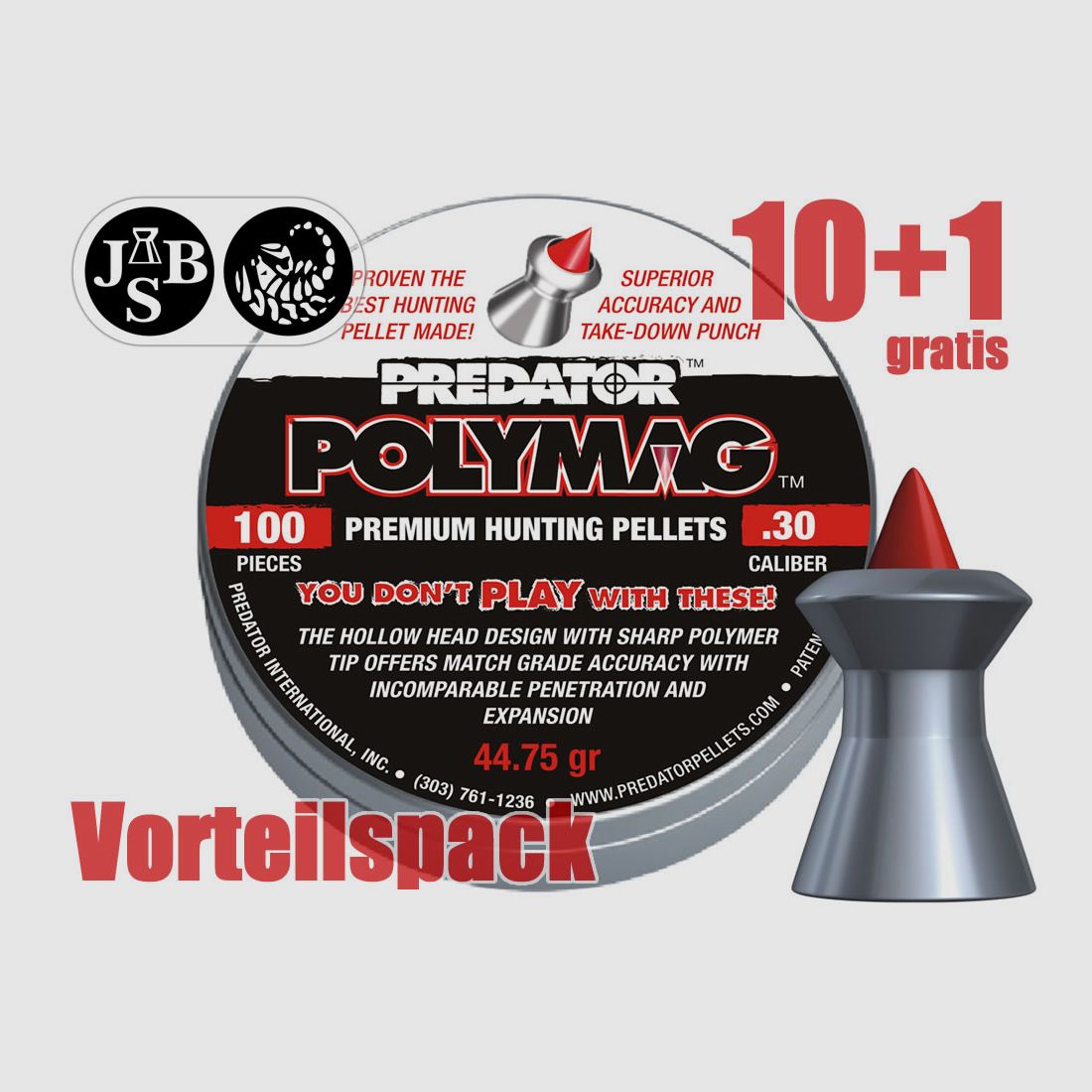 10+1 GRATIS x 100 StĂĽck JSB Spitzkopfdiabolos PREDATOR POLYMAG .30, Kal. 7,62 mm, 2,900 g