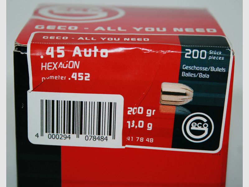 200 Stück NEUE GECO Geschosse .45 ACP Auto .452 - 200grs / 13g HEXAGON > für TOP Präzision #2417848