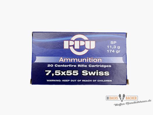 PPU Privi Partizan 7,5x55 Swiss 11,3g/174gr SP Teilmantel 20 Schuß