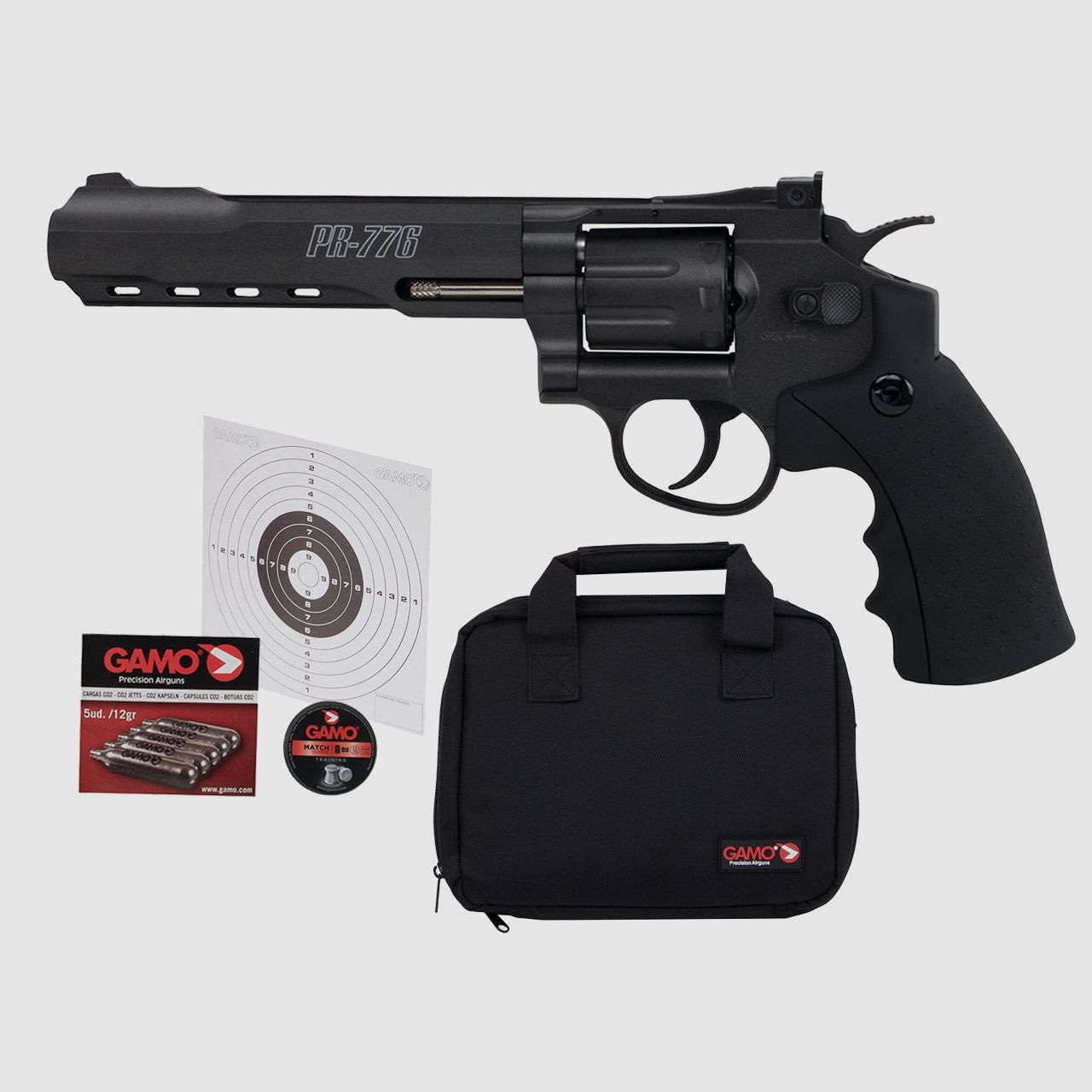CO2 Revolver Gamo PR-776 Vollmetall Set mit Tasche und ZubehĂ¶r Kaliber 4,5 mm (P18)