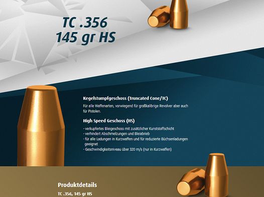 500St. H&N Geschosse .356 / 9mm TC HS 145grs - Kegelstumpf-Geschoss | Haendler&Nattermann High Speed