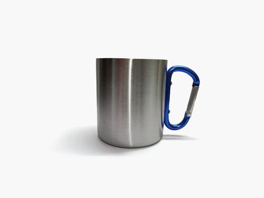 Doppelwandiger Edelstahlbecher mit blauem Karabinergriff