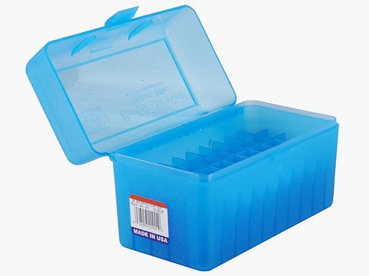 Boîte à cartouches MTM RLLD-50-24 bleu clair avec couvercle rabattable pour 50 cartouches 7mm Rem. Mag. et autres.