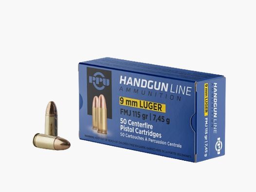 PPU 9MM LUGER FMJ - 115GRS/ 7,45G . - 50 KURZWAFFENPATRONEN