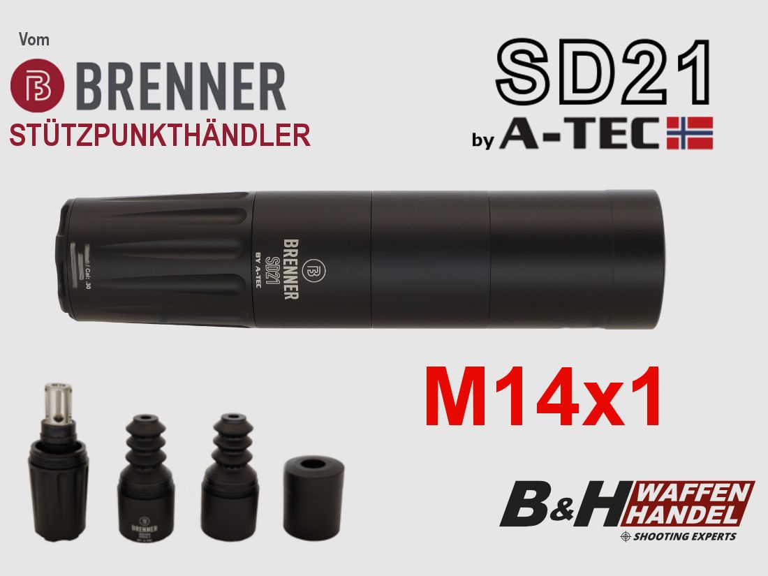 Brenner (by A-TEC) silencer SD21 over-barrel M14x1 up to cal.: .30