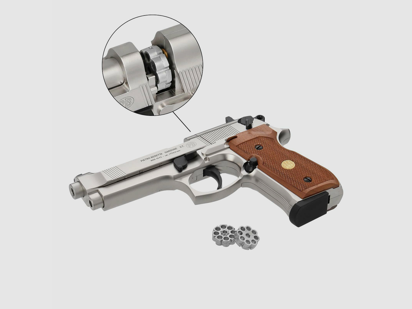 Luftpistolenset Beretta M 92 FS 4,5 mm Diabolo Nickel / Holzgriffschalen (P18) Co2-Pistole + 1000 Diabolos + 10 Co2-Kapseln Umarex