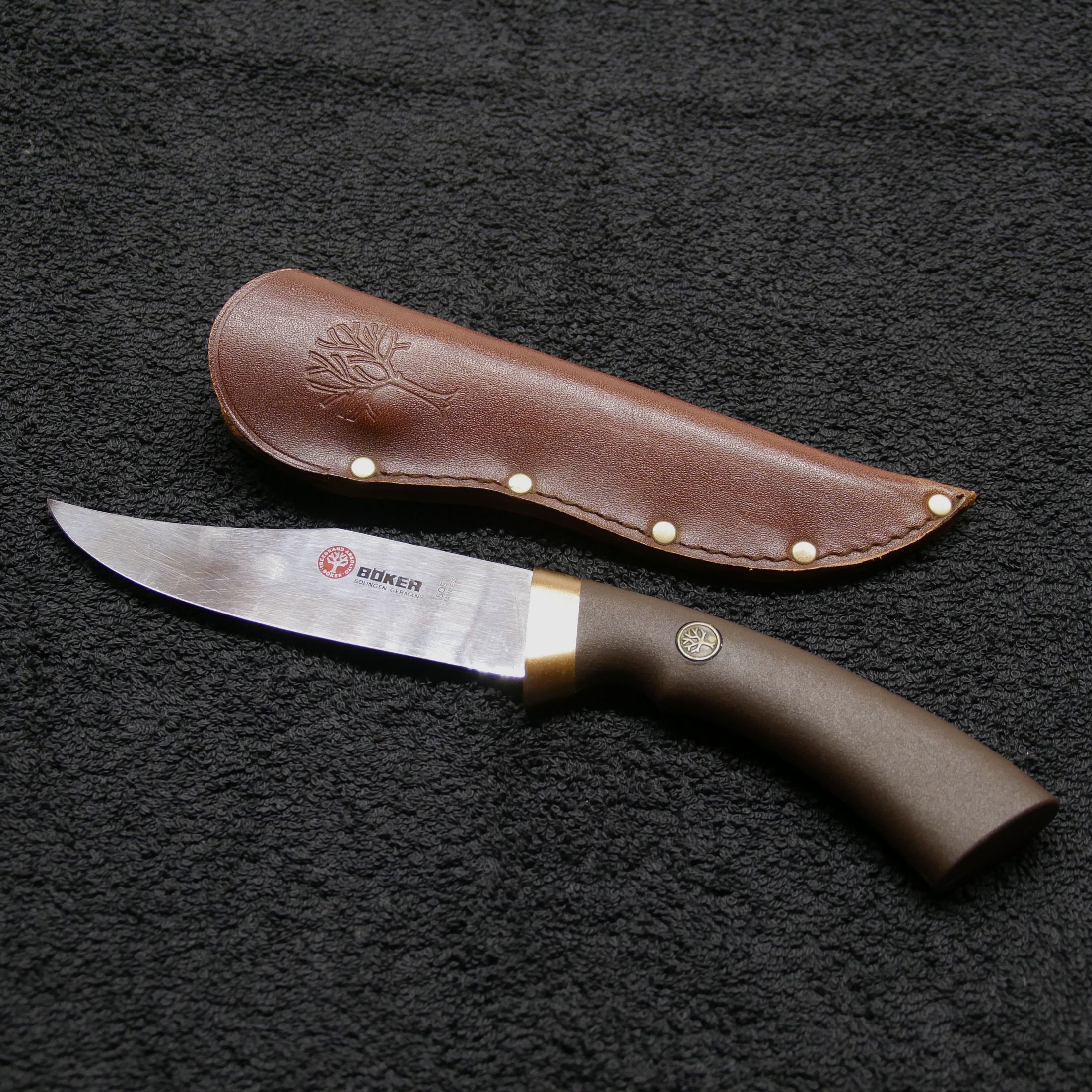 Cuchillo de caza Feststehmesser Böker Solingen 505 Acero inoxidable Treebrand Abolito vintage
