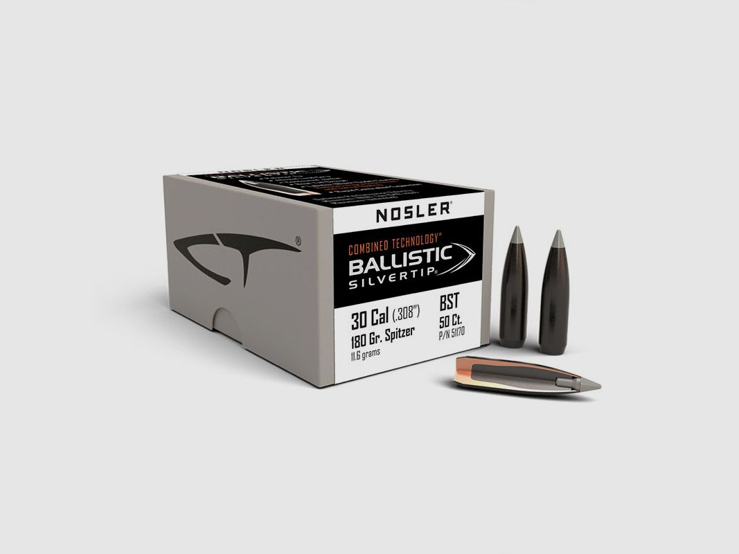 BALAS – NOSLER – BALLISTIC SILVERTIP 30 calibre (.308″) Spitzer 180 granos (11,7 gramos) 50 pzas