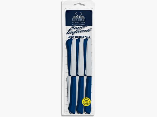 Due Cigni - Blister de 6 couteaux de table élégants à dents avec manche bleu