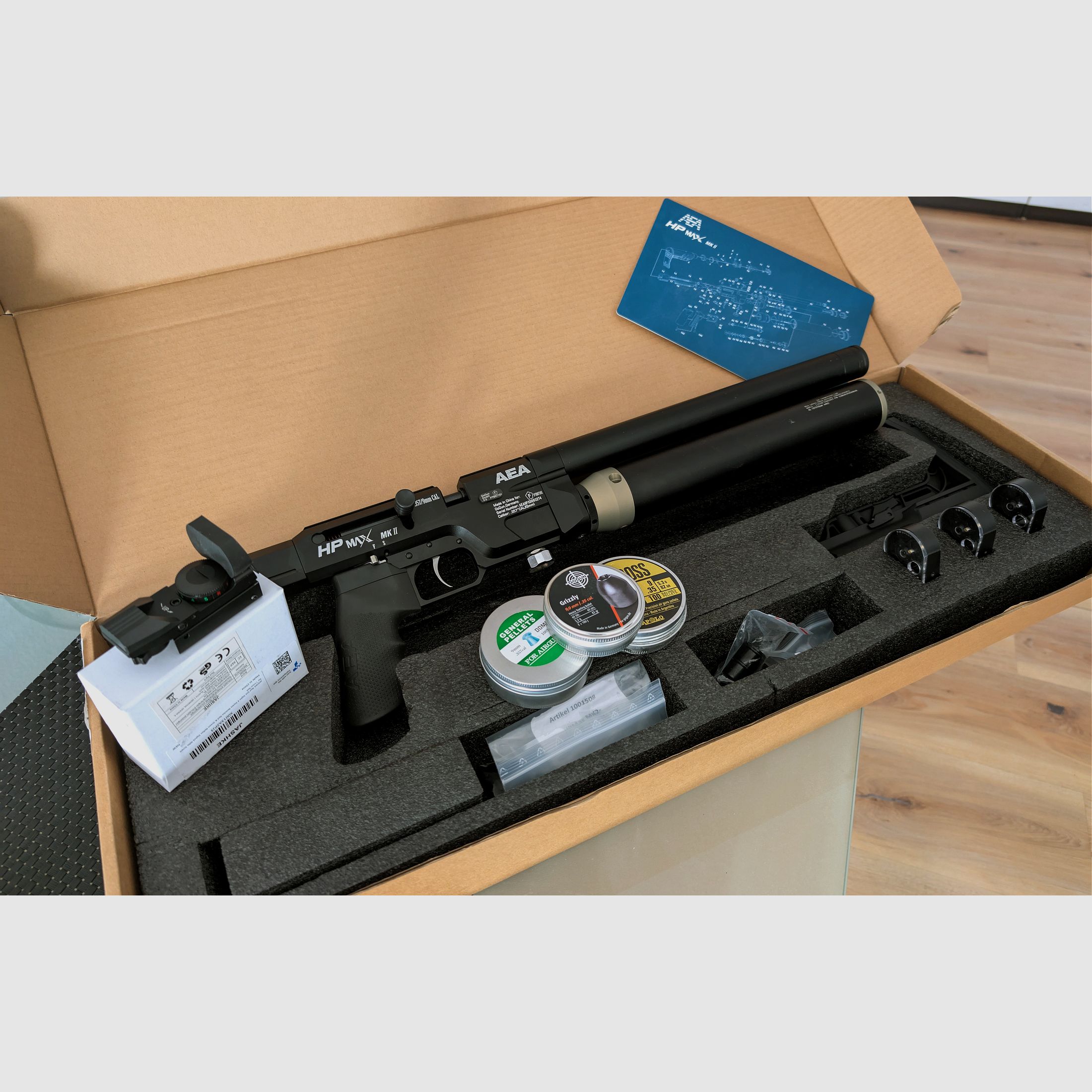 AEA HP Max MK2, original, neu und unbenutzt, inklusive Red Dot, 3 Magazine, Slugs, Diabolos x2