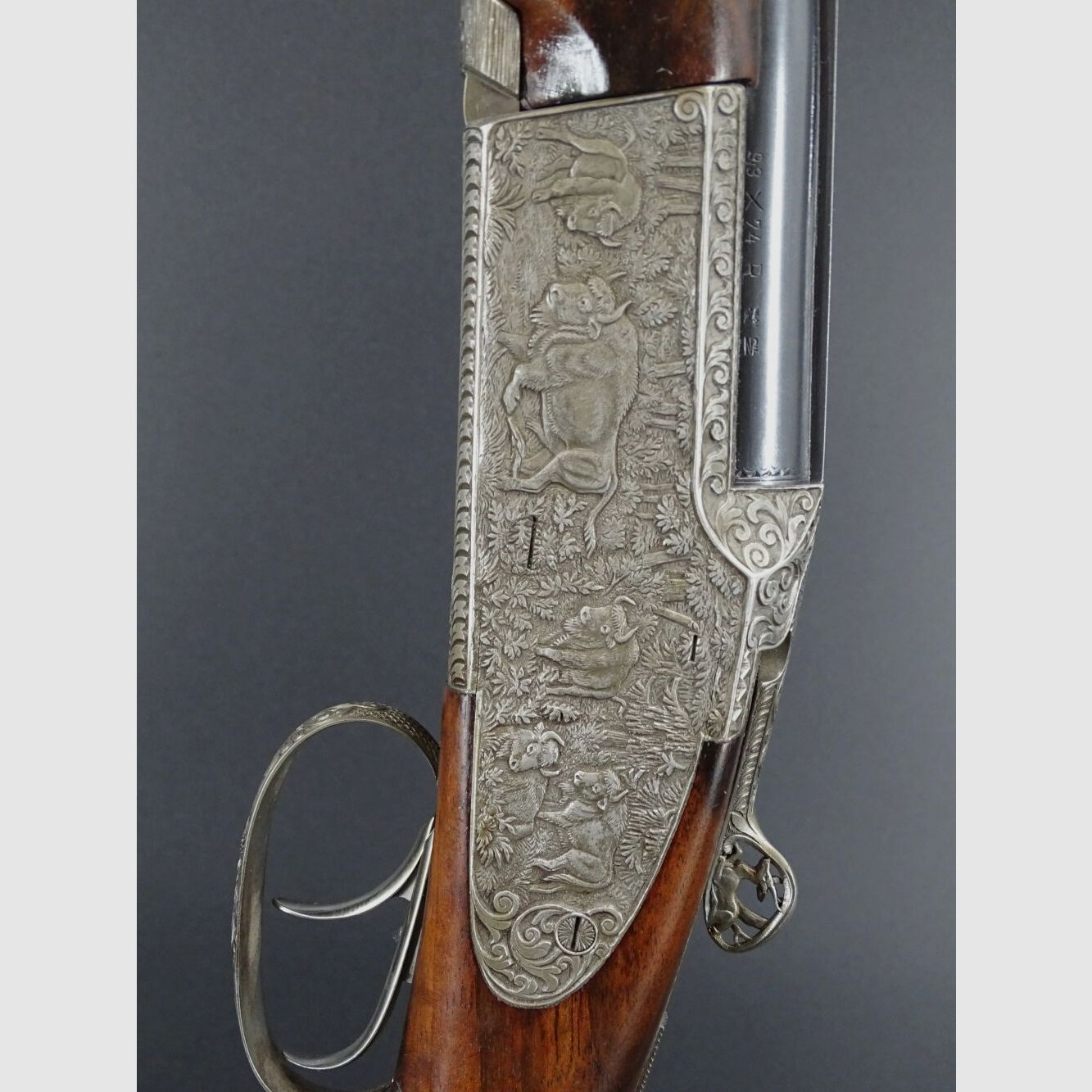 Rifle doble Mischitz grabado rinoceronte bisonte guepardo calibre 9,3x74R liquidación de colección